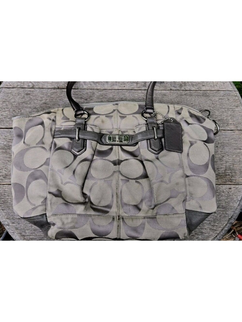 Coach Cloth Bag Gray Fabric Gray Tote Shoulder Straps Zip 7" Drop Worn! Read!